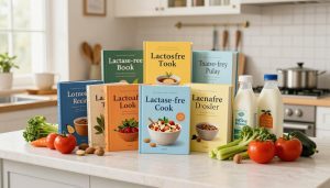 coleção colorida de livros de receitas sem lactose