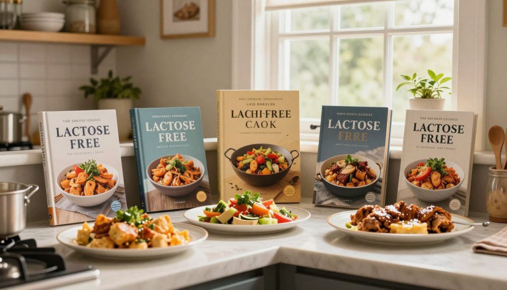 cozinha acolhedora com vários livros de receitas e pratos sem lactose prontos