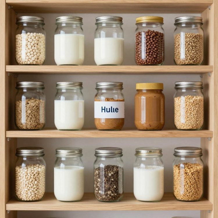 ingredientes básicos para receitas sem lactose organizados em potes de vidro
