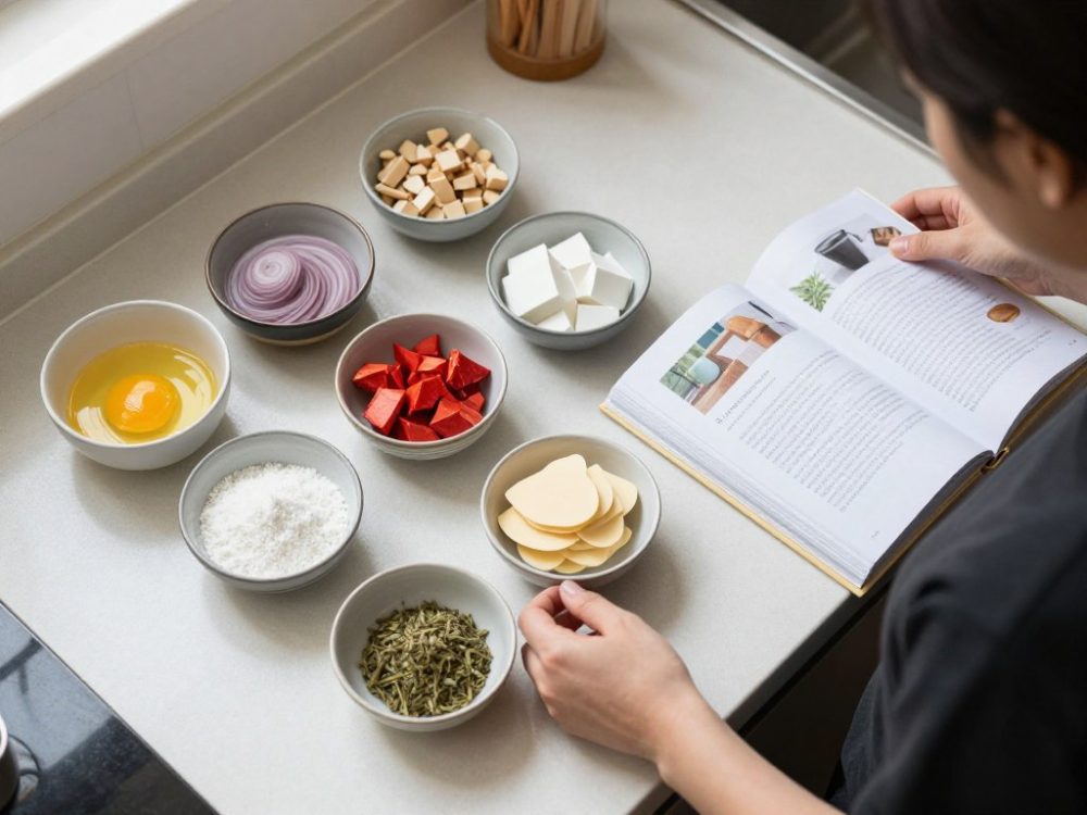 pessoa organizando ingredientes conforme livro de receitas aberto na cozinha