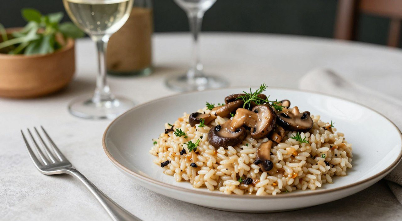Risoto rústico de arroz integral com cogumelos e ervas