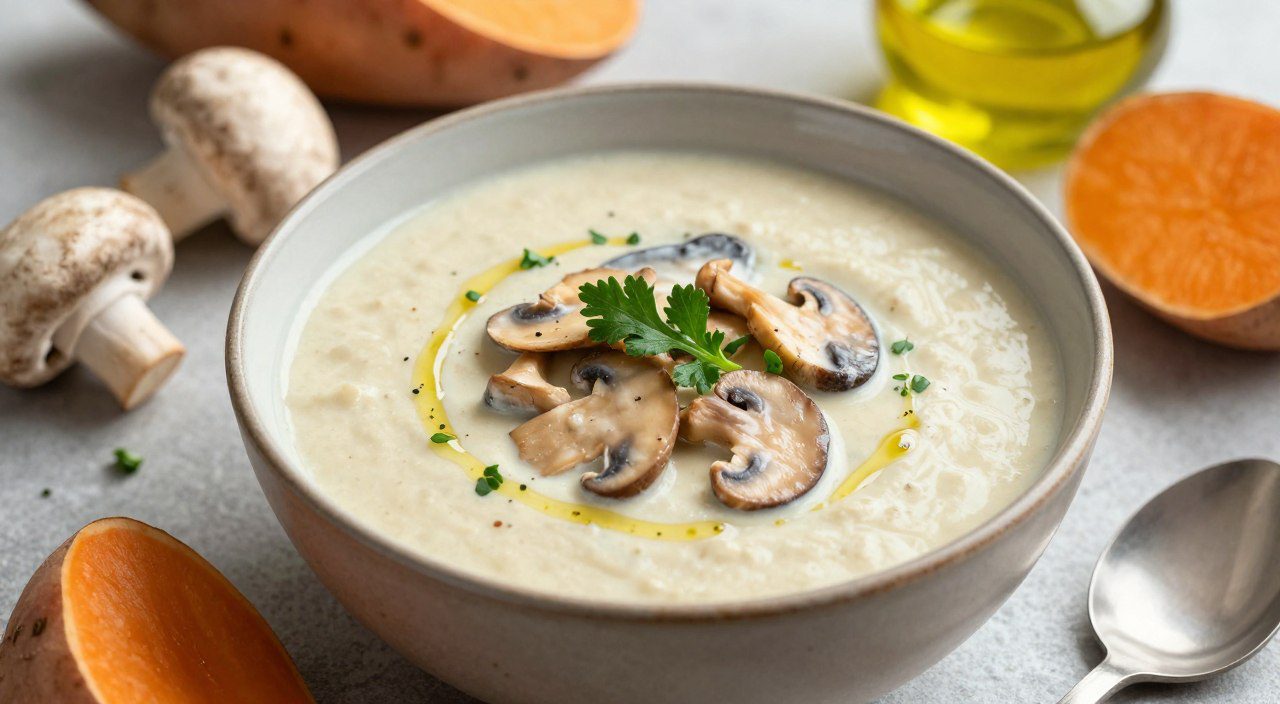 Sopa cremosa de cogumelos e batata-doce