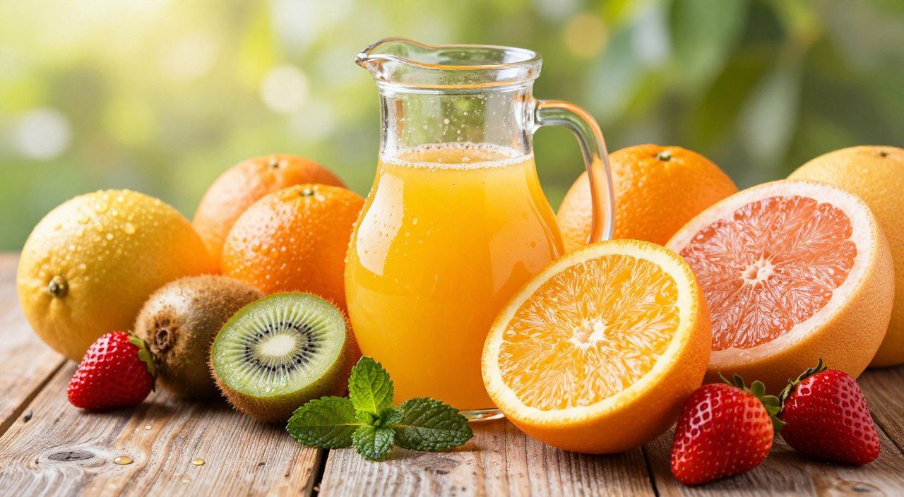 Frutas ricas em vitamina C organizadas sobre mesa clara