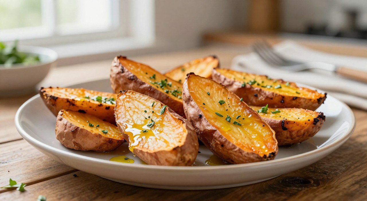 Batata-doce assada dourada com ervas frescas