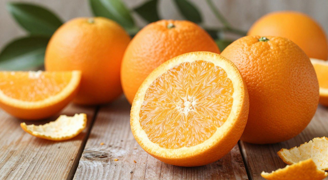 Laranjas frescas e suco natural em mesa de cozinha