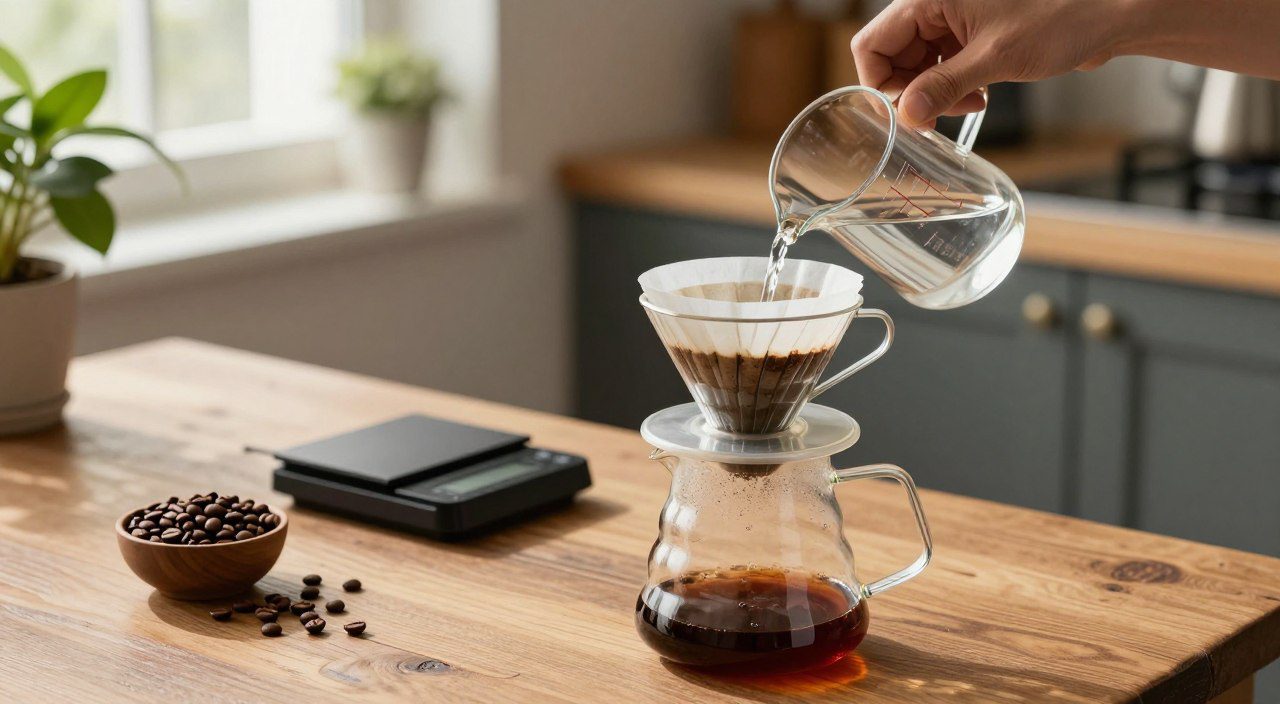 Pessoa preparando café coado com medida correta de água