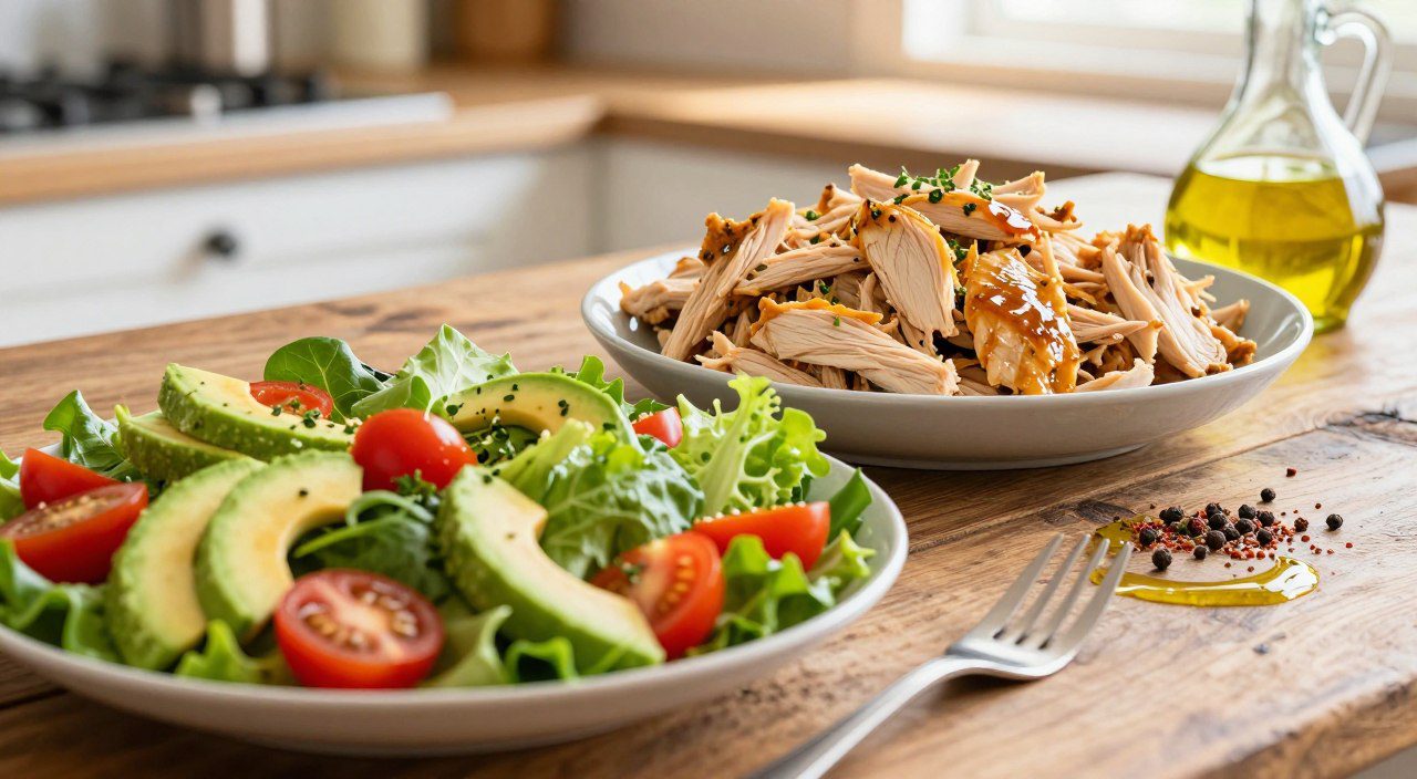 Pratos com frango desfiado sem lactose servidos em mesa