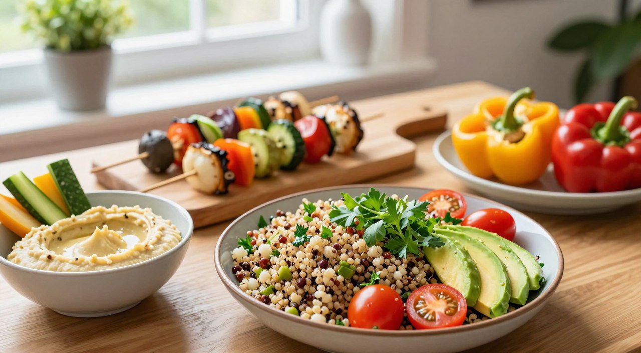 Pratos vegetarianos saudáveis servidos em mesa de almoço