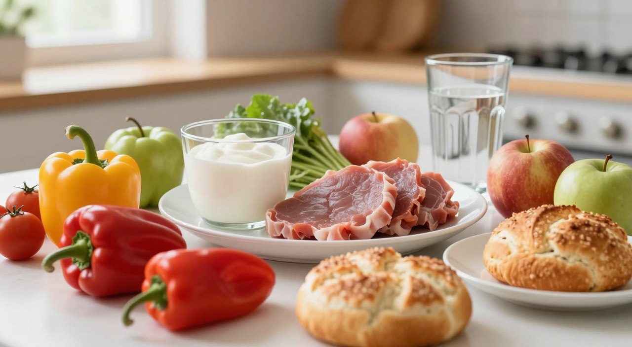 Prato com alimentos ultraprocessados, frituras, laticínios, embutidos, doces e refrigerante, representando alimentos que podem causar desconforto intestinal.