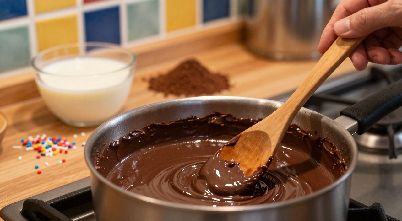 Como Evitar Brigadeiro Açucarado Brigadeiro sendo preparado na panela com textura brilhante e cremosa, acompanhado dos ingredientes utilizados na receita.