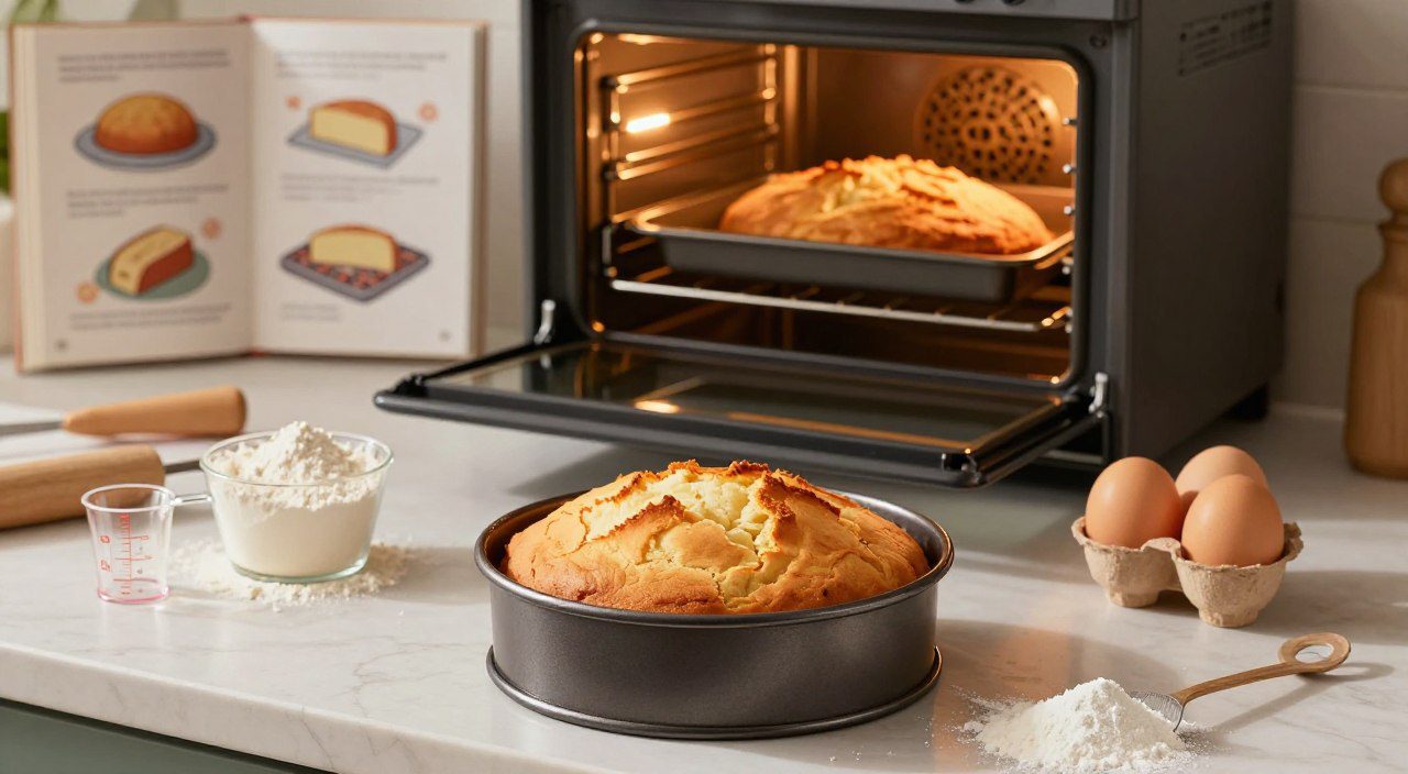 Bolo crescendo no forno com ingredientes de confeitaria organizados sobre a bancada, representando boas práticas para um bolo crescer corretamente.