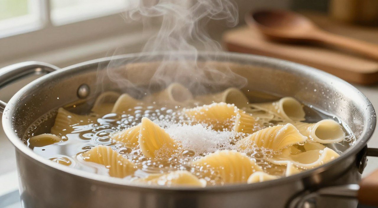 Macarrão cozinhando em água fervente com sal, ilustrando um dos cuidados para preparar uma massa mais saborosa.