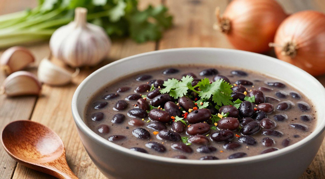 Tigela de feijão preto cremoso com caldo encorpado, acompanhada de colher de madeira e ingredientes usados no preparo.