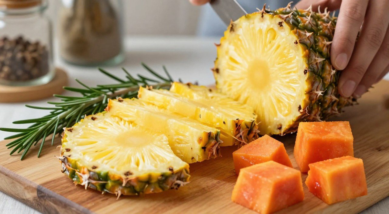 Abacaxi, mamão, alecrim e outros ingredientes naturais sobre uma bancada, representando cuidados para preservar a textura da carne.