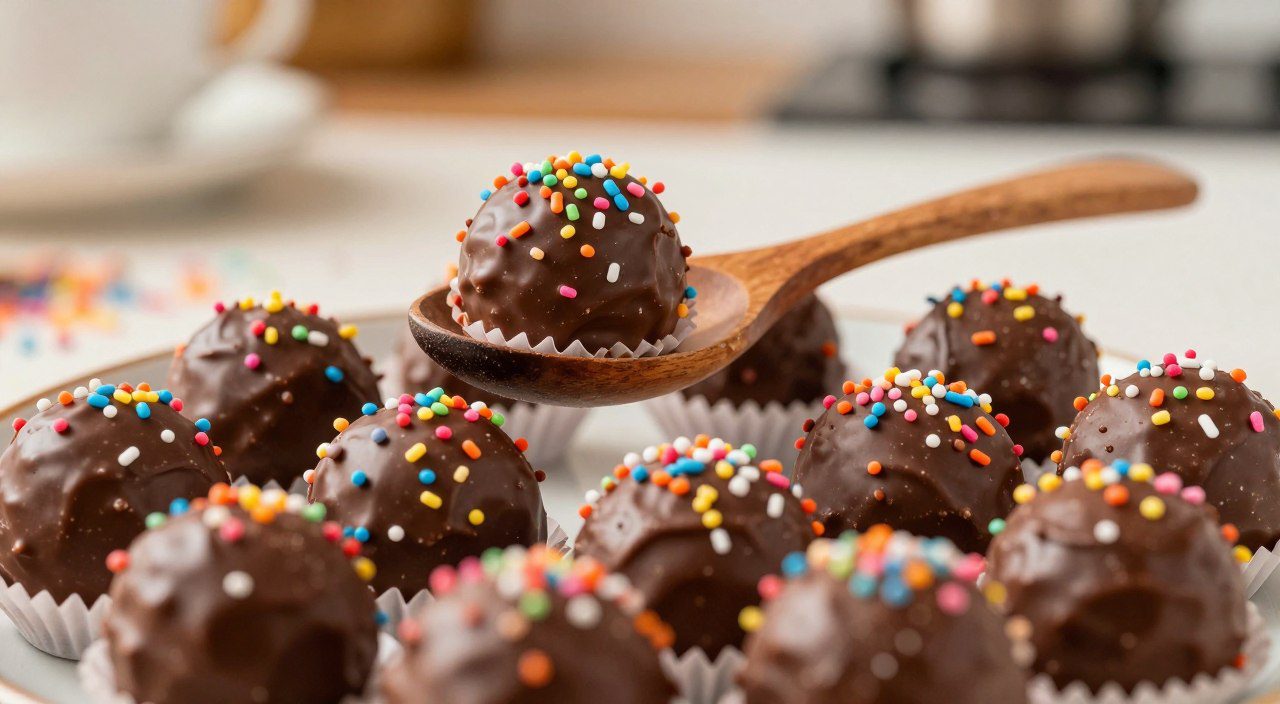 Erros que Podem Deixar o Brigadeiro Açucarado Brigadeiros com cobertura de granulado sobre um prato, representando erros que podem afetar a textura e o resultado do doce.