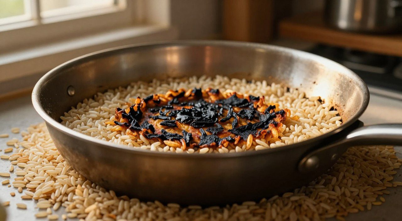 Panela com arroz queimado no fundo, ilustrando a importância de escolher a panela adequada para preparar arroz.
