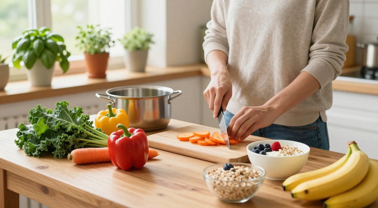 Ingredientes naturais e alimentos ricos em fibras organizados sobre uma mesa de cozinha, representando hábitos alimentares que ajudam a proteger o intestino.