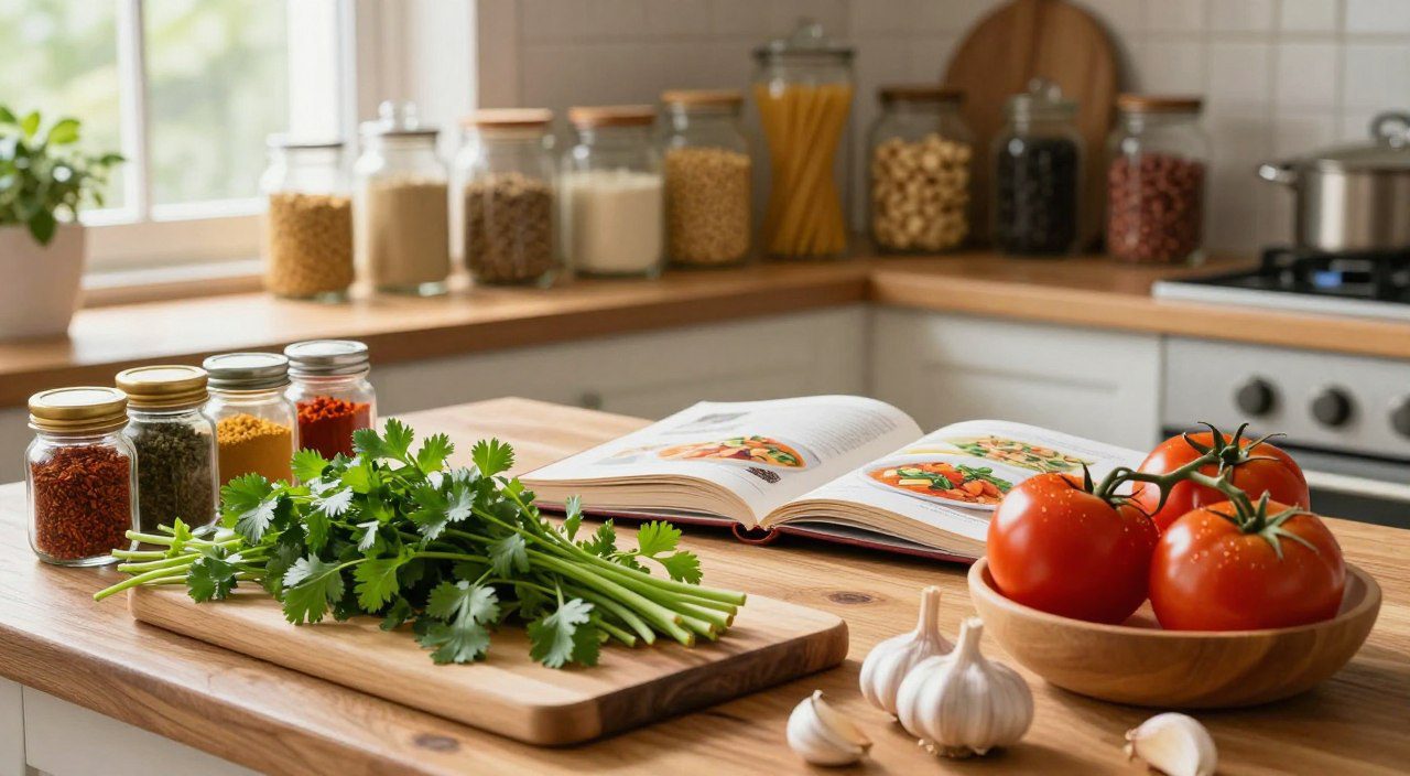 Ervas frescas, alho, tomates e especiarias organizados sobre uma bancada, representando ingredientes econômicos que deixam as receitas mais saborosas.
