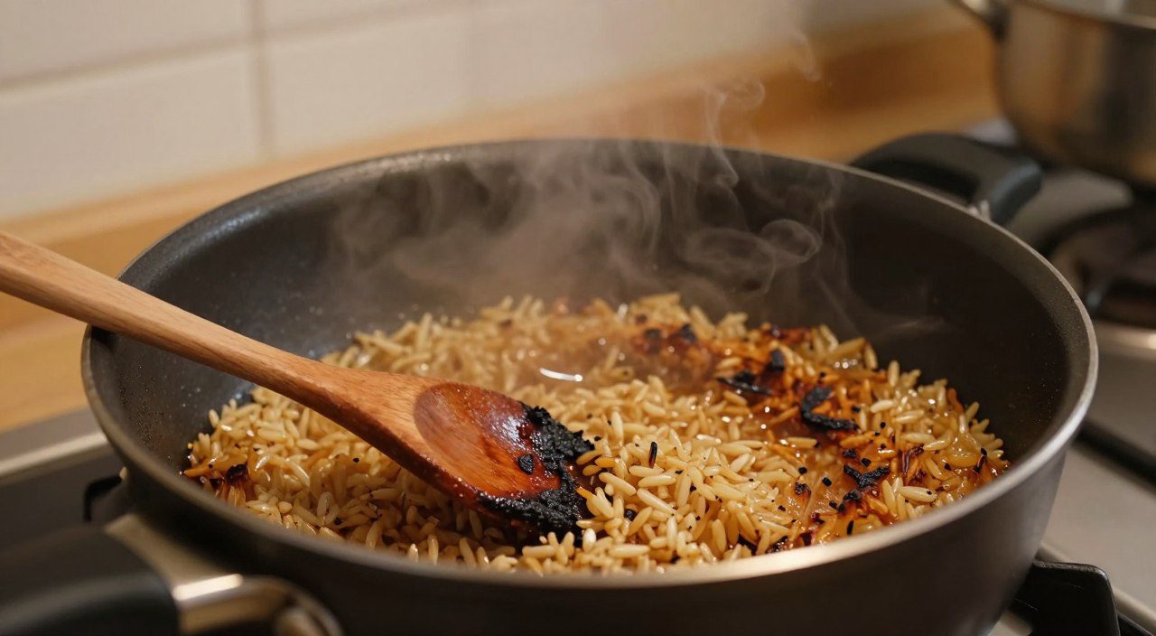 Panela com arroz começando a queimar no fundo e colher de madeira, ilustrando um problema comum durante o preparo do arroz.