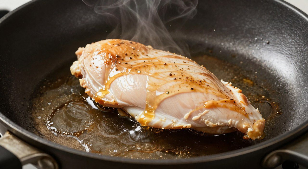 Filé de frango sendo preparado na frigideira com aparência suculenta