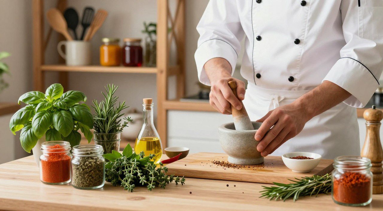 Técnicas Que Ervas frescas, especiarias, almofariz e ingredientes organizados sobre uma bancada, representando técnicas para realçar o sabor dos alimentos sem aumentar os custos.