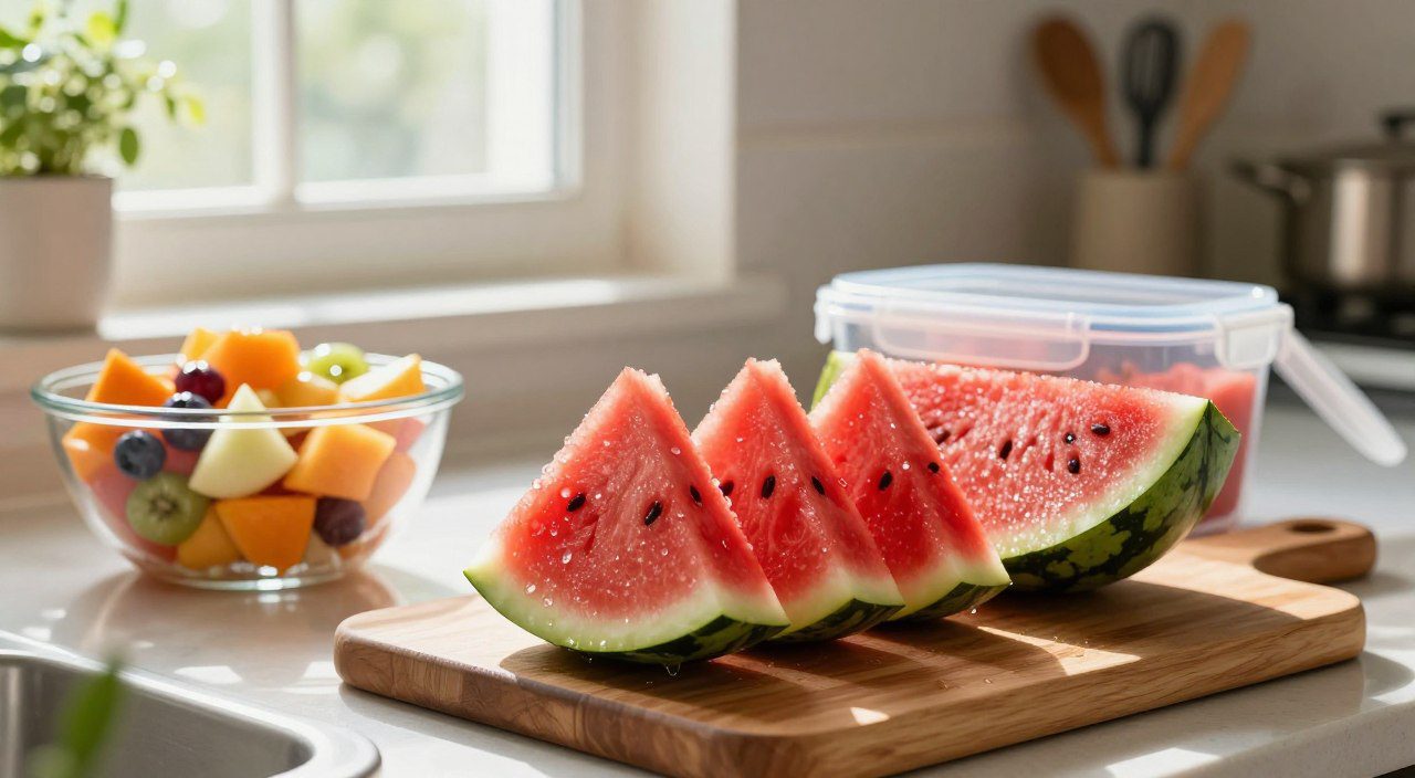 Fatias de melancia cortada ao lado de salada de frutas e recipiente com tampa para armazenamento na geladeira.