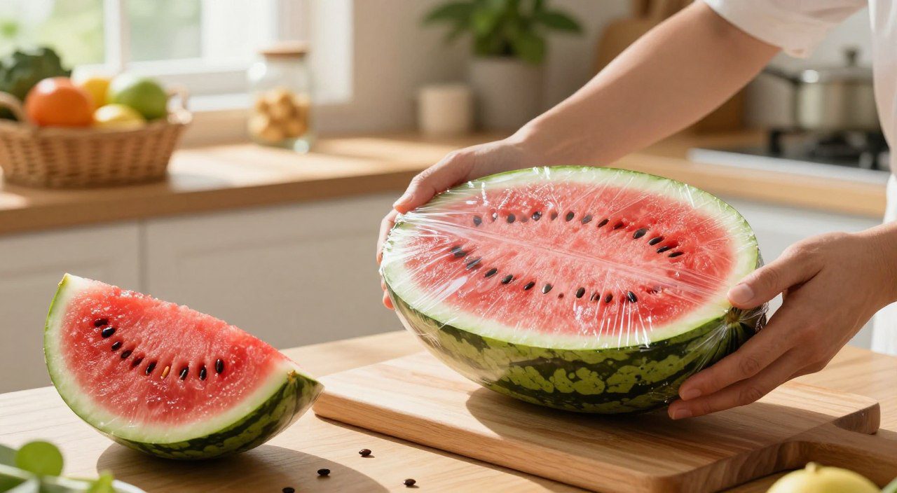 Como conservar a melancia depois da compra Melancia cortada sendo protegida para armazenamento, representando cuidados para conservar a fruta depois da compra.