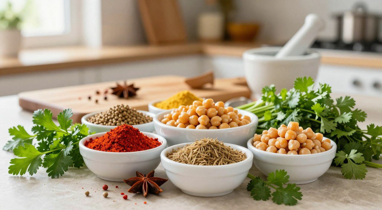 Temperos, especiarias e ervas frescas organizados sobre uma bancada para deixar receitas com grão-de-bico sem lactose mais saborosas.