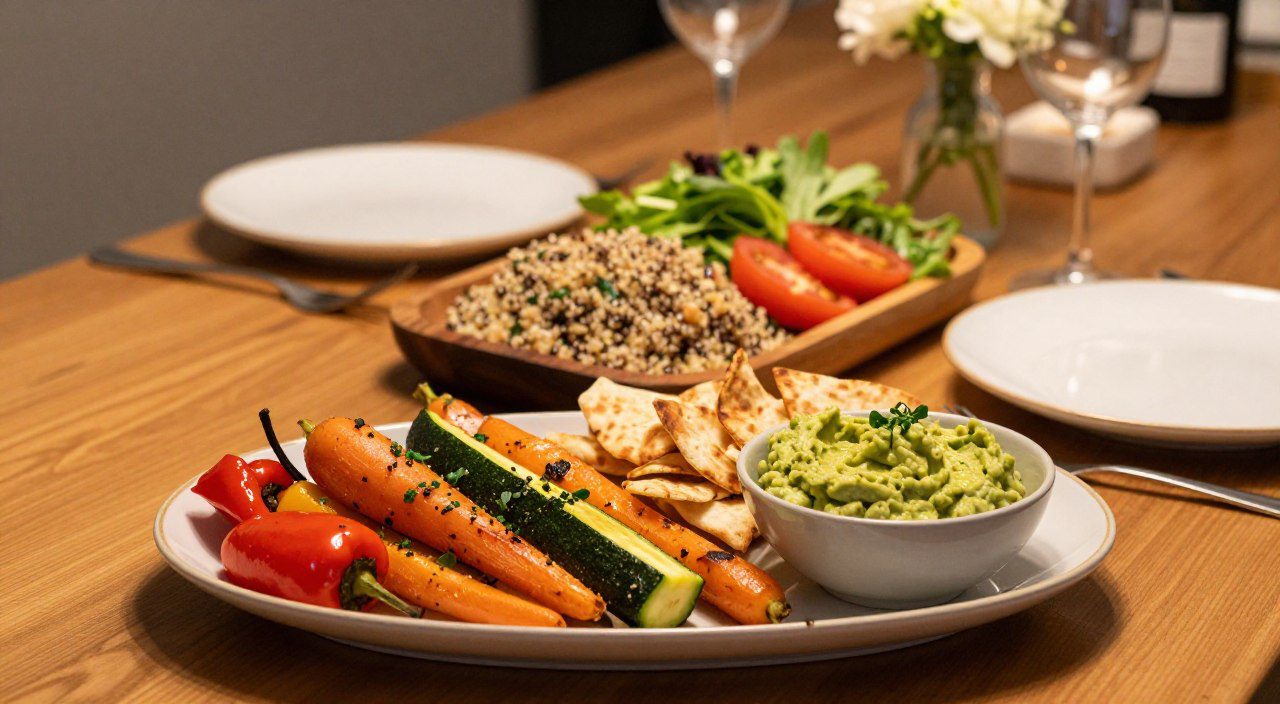 Jantar sem carne e sem lactose com vegetais assados, salada de quinoa, folhas verdes, tomates e creme de abacate.