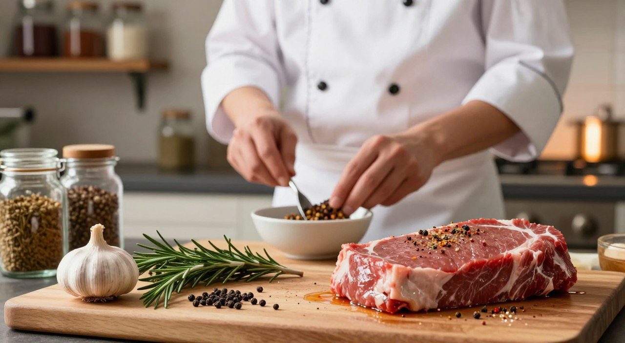 Carne temperada sobre uma tábua de madeira com alho, alecrim, pimenta e outras especiarias utilizadas no preparo.
