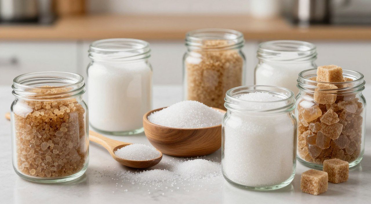 Potes com açúcar refinado, açúcar cristal, açúcar mascavo e açúcar de coco organizados sobre uma bancada de cozinha.