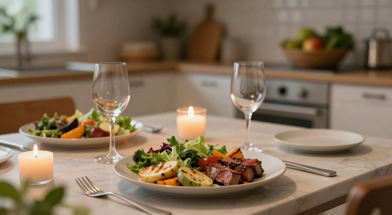 Prato com salada, vegetais grelhados e proteína magra, representando hábitos para preparar um jantar mais leve.