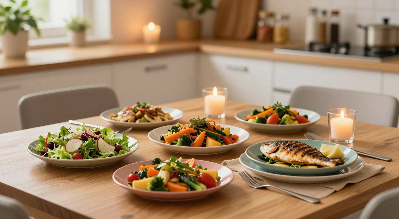 Mesa com salada fresca, vegetais cozidos e peixe grelhado, representando opções de refeições leves para o jantar.