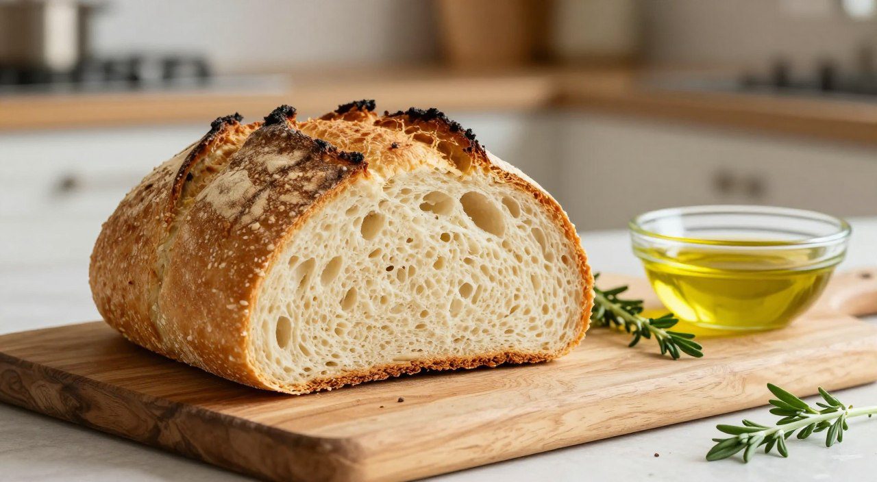 Pão sem lactose e pão sem leite são a mesma coisa? Pão caseiro fatiado acompanhado por azeite e ervas, representando a diferença entre pão sem lactose e pão sem leite.