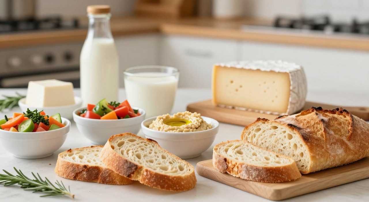 Quais ingredientes podem adicionar lactose ao pão? Fatias de pão acompanhadas por leite, derivados e alternativas vegetais, representando ingredientes que podem adicionar lactose à receita.