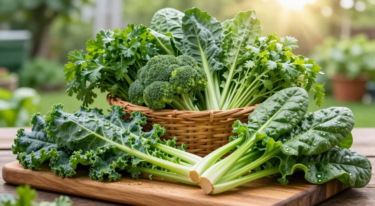 Couve, espinafre, acelga, brócolis, rúcula e outras verduras verde-escuras frescas organizadas sobre uma mesa.