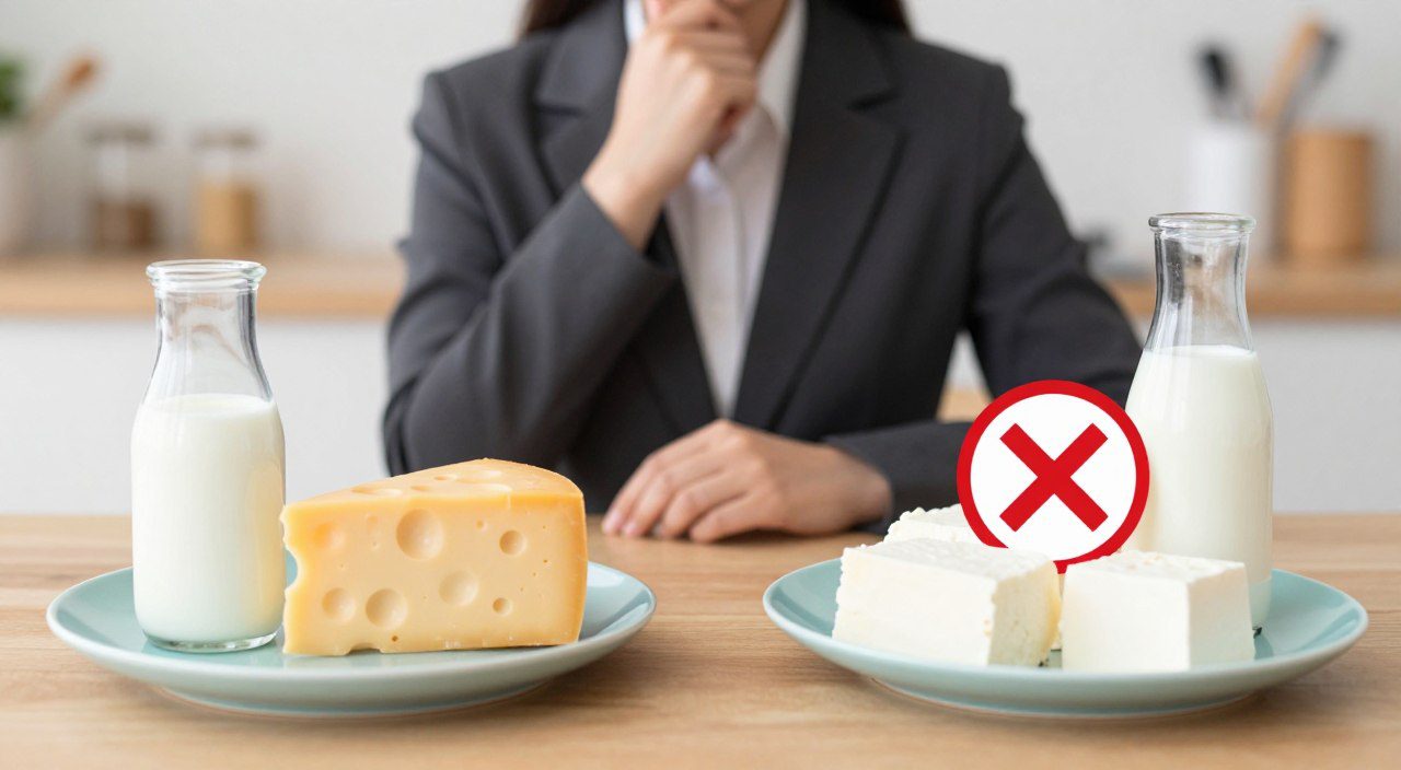 Leite e derivados ao lado de alternativas sem leite, representando as diferenças entre intolerância à lactose e alergia ao leite.