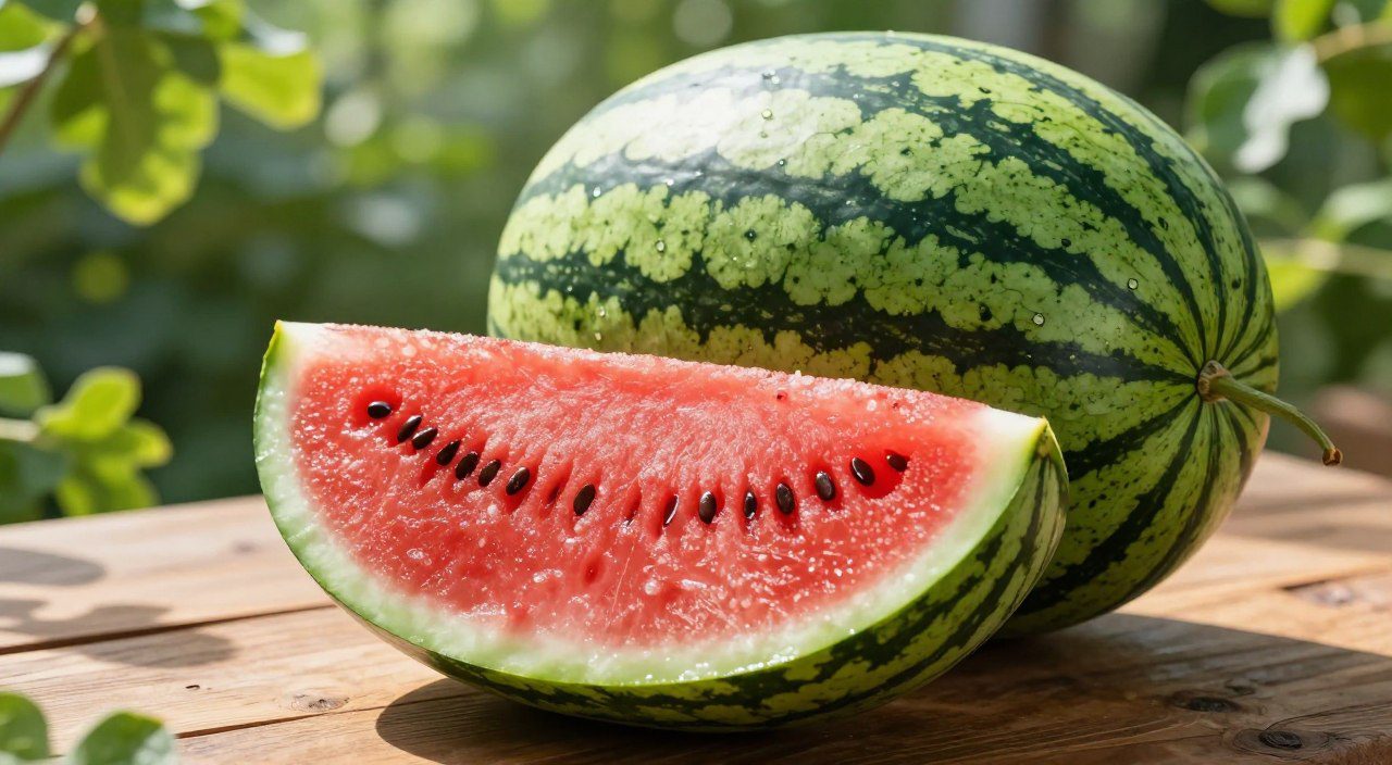 Quais sinais indicam que a melancia está madura? Melancia madura inteira e cortada, com casca verde e polpa vermelha, representando sinais que ajudam a identificar o ponto da fruta.