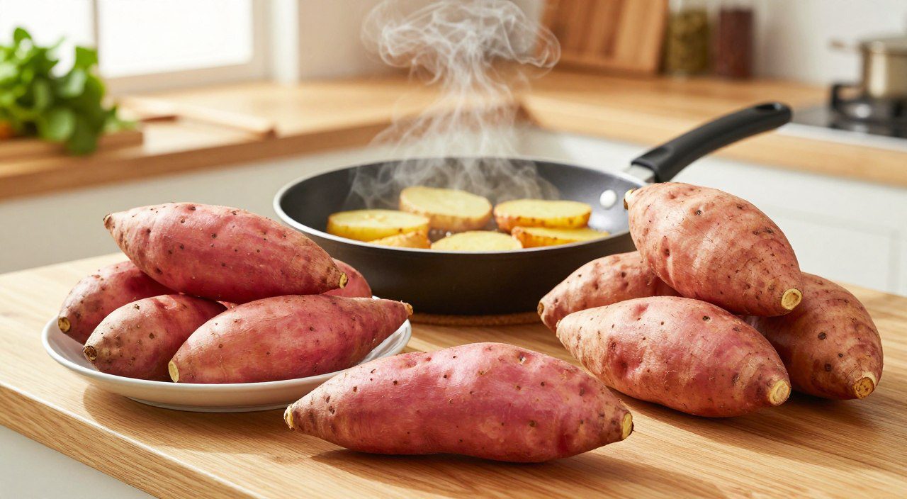 Qual é a Melhor Batata para Cada Receita? Batatas-doces, batatas inglesas e batatas asterix organizadas sobre uma bancada de cozinha, destacando as diferenças entre as variedades.