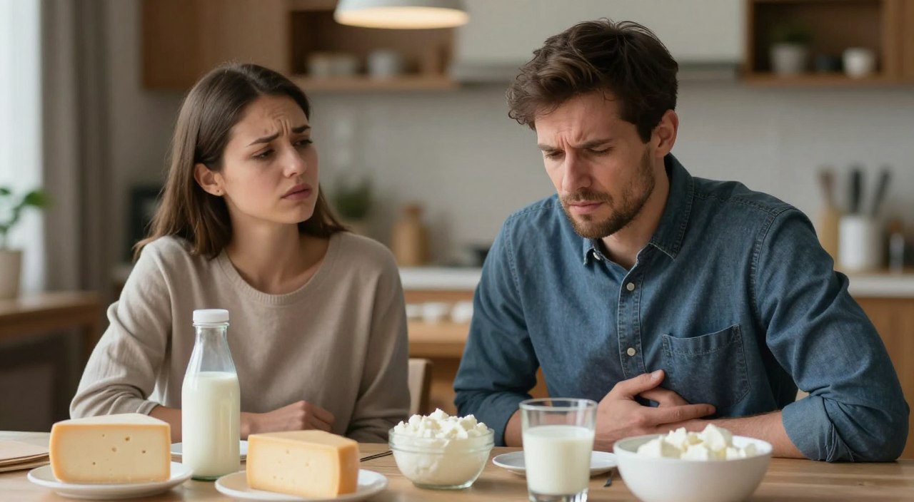 Adultos com desconforto abdominal após consumir leite e derivados, representando possíveis sintomas de intolerância à lactose.