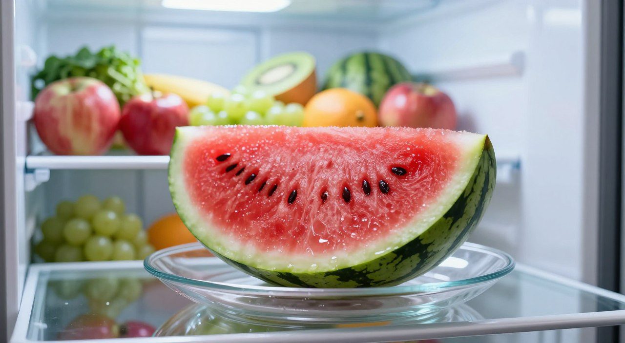 Fatia de melancia cortada em recipiente de vidro diante de uma geladeira aberta com frutas frescas.