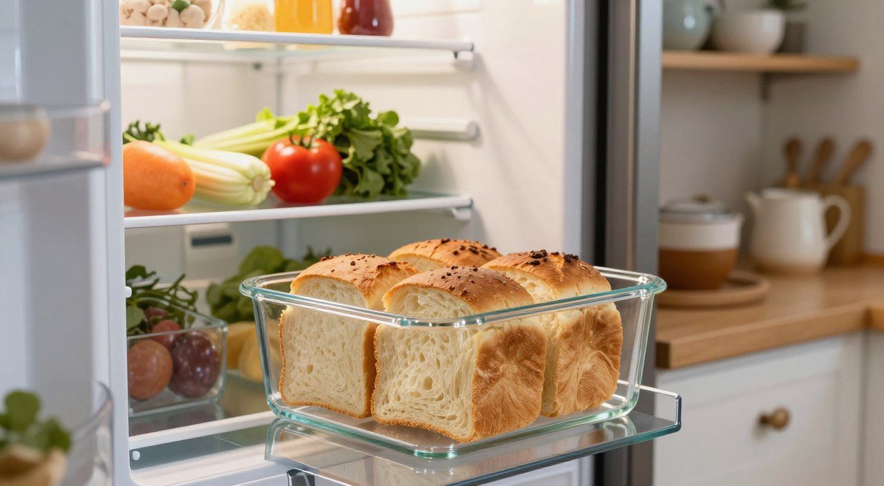 Pão de forma armazenado em um recipiente transparente dentro da geladeira para conservar a maciez e a qualidade do alimento.