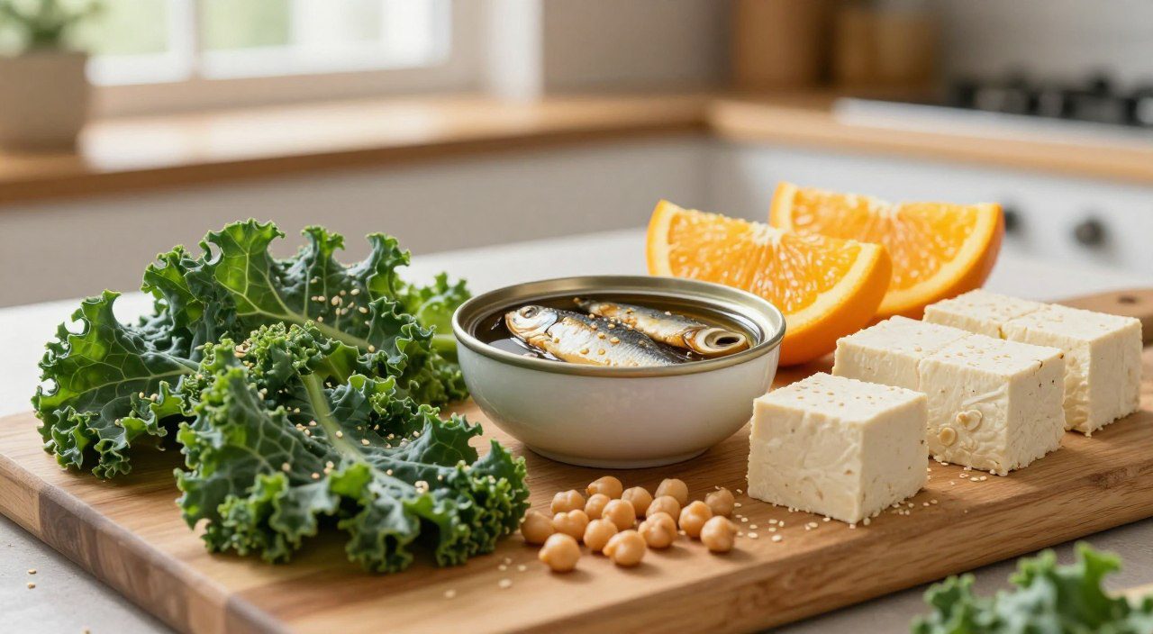 alimentos ricos em cálcio para quem tem intolerância à lactose Couve, gergelim, tofu, grão-de-bico e sardinhas organizados sobre uma mesa, representando alimentos ricos em cálcio e sem lactose.