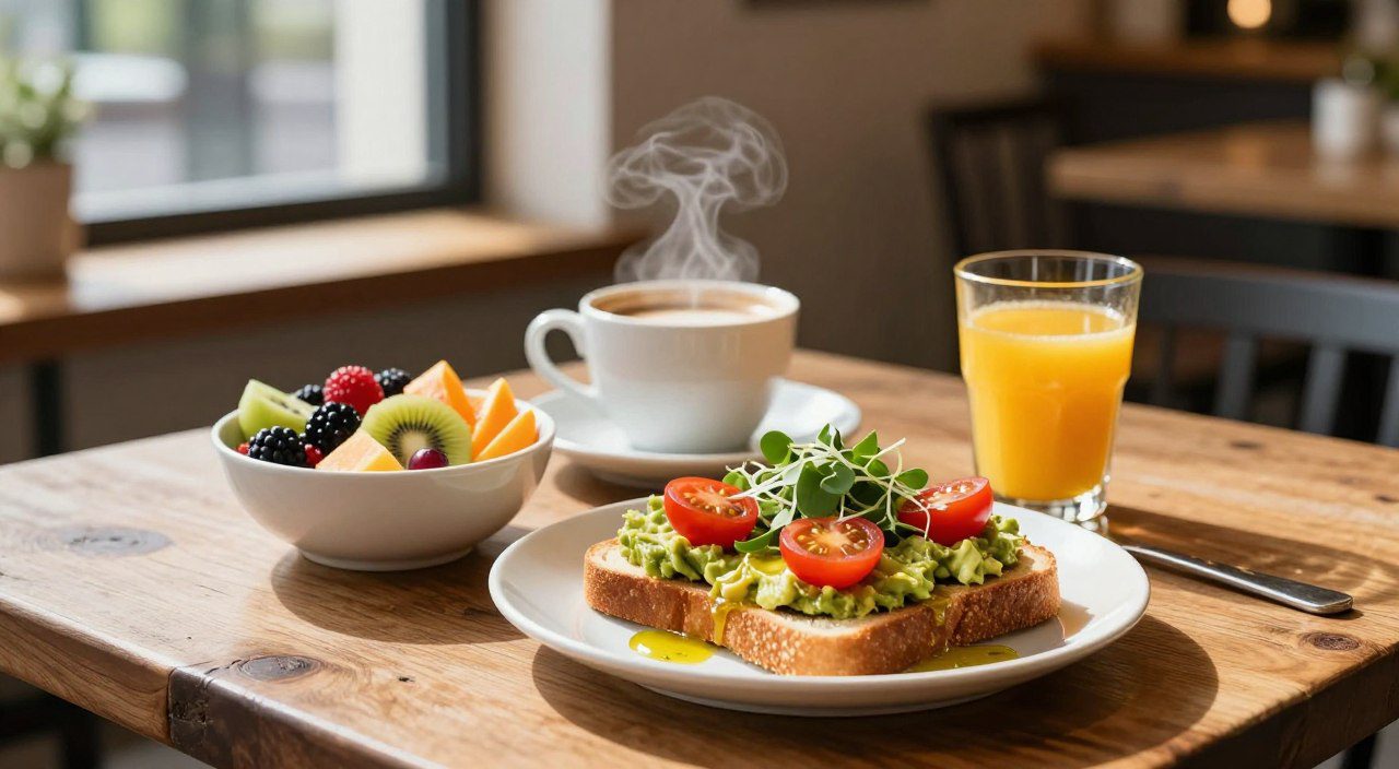 Café da manhã sem lactose com torrada de abacate, frutas frescas, café com leite vegetal e suco de laranja.