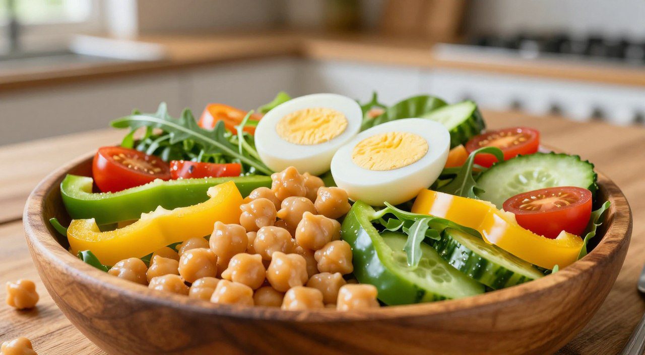Salada de grão-de-bico sem lactose com ovos cozidos, tomate, pepino, pimentões e folhas verdes servida em uma tigela.