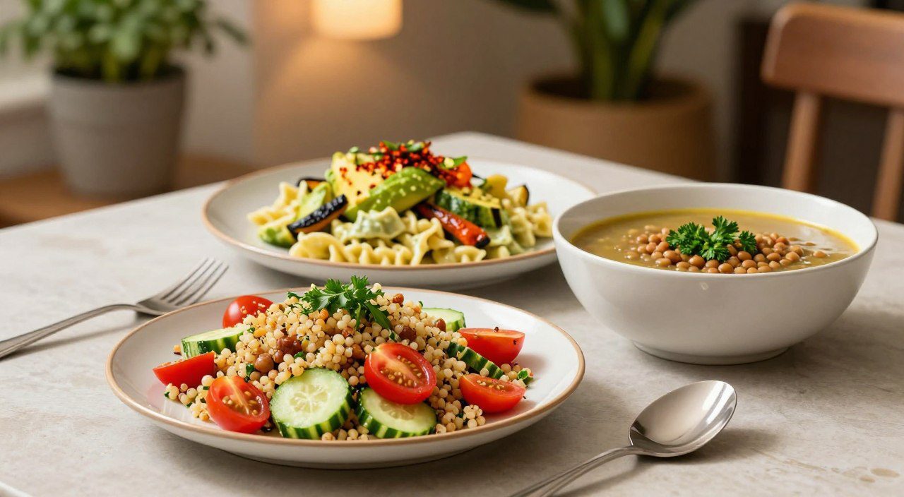 Mesa com salada de quinoa, massa cremosa com abacate e sopa de lentilha, representando três opções de jantar sem carne e sem lactose.