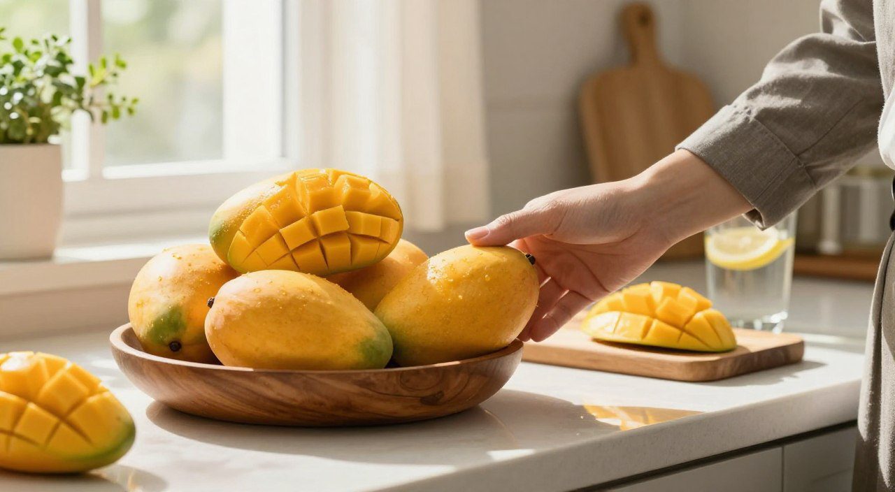 Como conservar a manga depois da compra Mangas maduras inteiras e cortadas sobre uma bancada de cozinha, representando cuidados para conservar a fruta depois da compra.