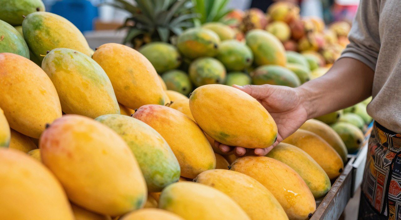Como escolher manga madura sem levar fruta passada Pessoa examinando mangas maduras de diferentes tonalidades em uma banca de frutas para avaliar o ponto de consumo.