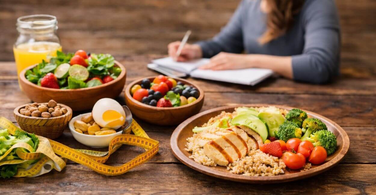 Alimentação equilibrada com prato colorido, legumes, frutas e refeição caseira