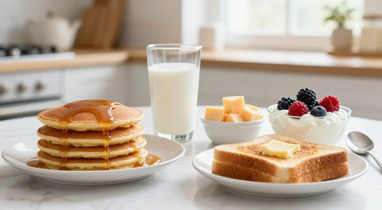 Alimentos comuns do café da manhã que contêm lactose escondida, como pães industrializados, cereais e frios.